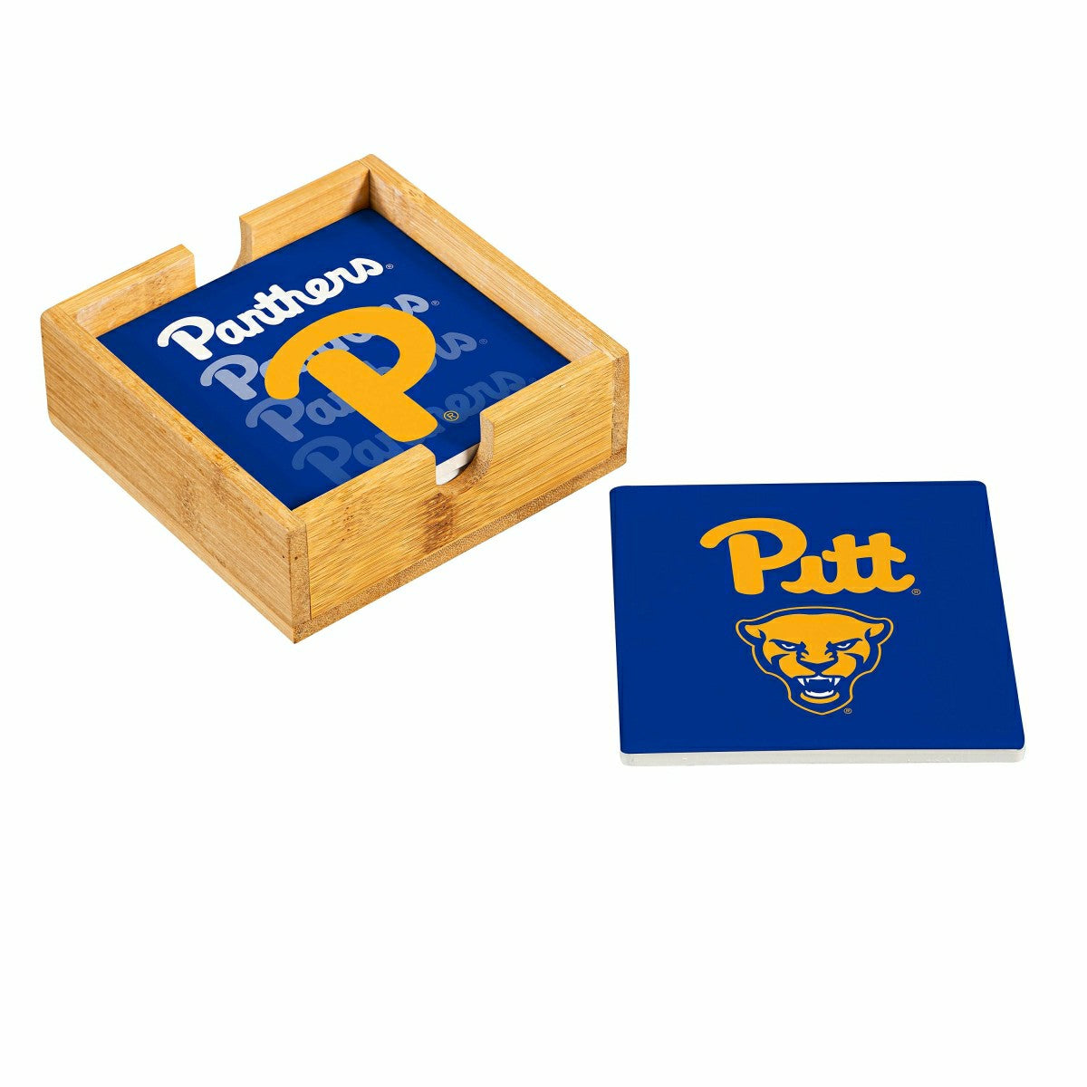 University of Pittsburgh Ceramic Coasters Set, 4pcs with Wood Caddy, Collegiate, Home