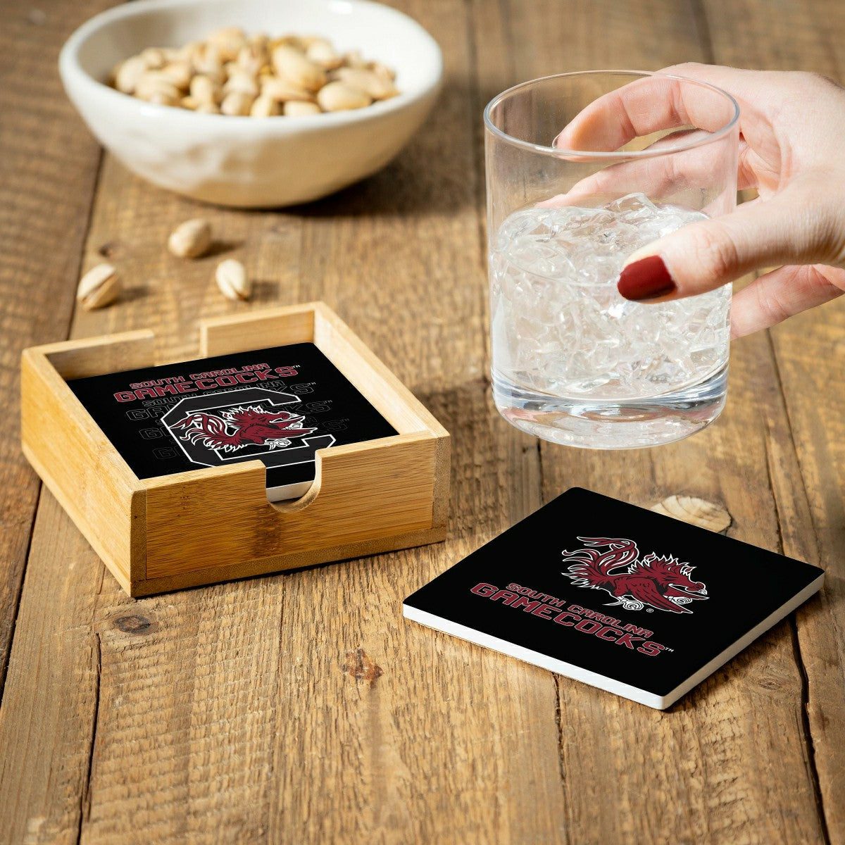 University of South Carolina Ceramic Coasters Set, 4pcs with Wood Cadd, Collegiate, Home