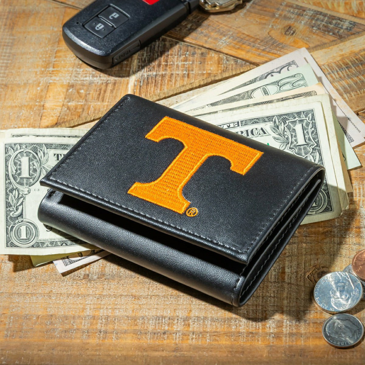 University of Tennessee Black Tri-Fold Embroidered Wallet w/ RFID Blocking, Collegiate, Home