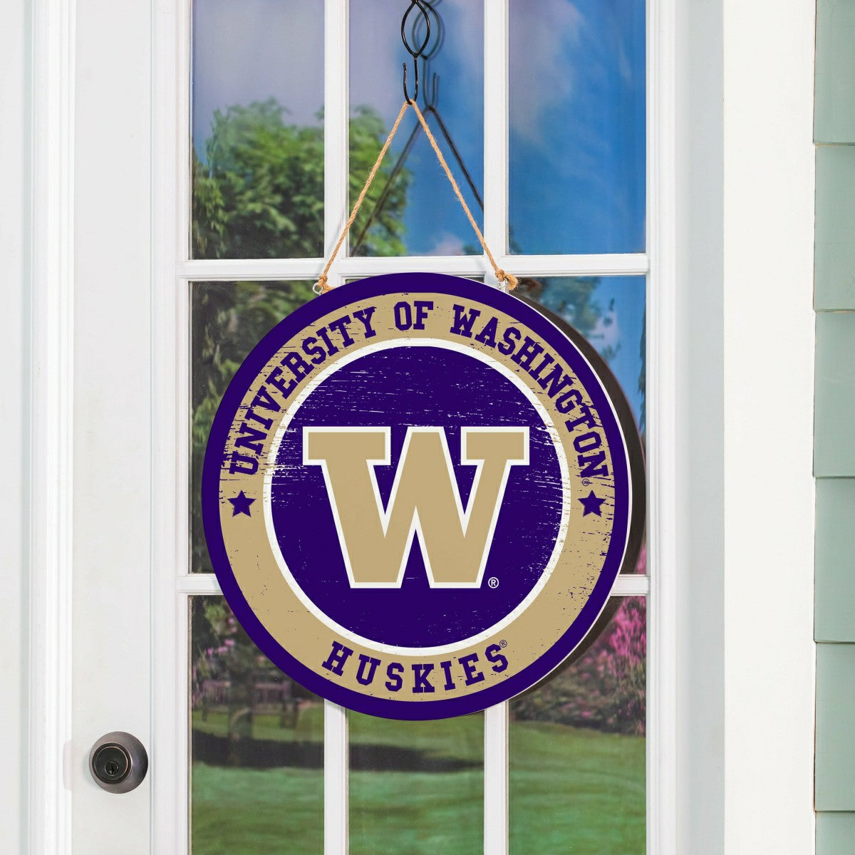 University of Washington Round Door Décor with Hanging Rope, 18x18, Collegiate, Home