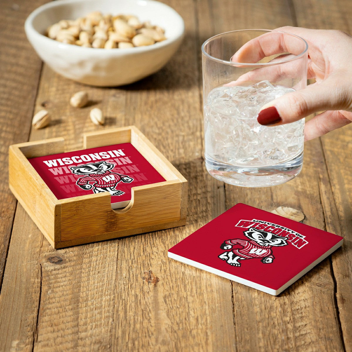 University of Wisconsin-Madison Ceramic Coasters Set, 4pcs with Wood C, Collegiate, Home