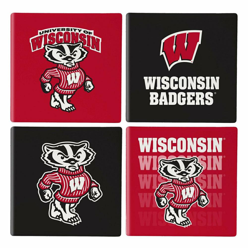 University of Wisconsin-Madison Ceramic Coasters Set, 4pcs with Wood C, Collegiate, Home