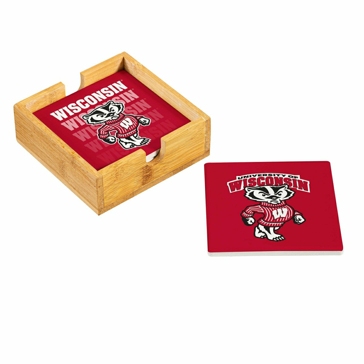 University of Wisconsin-Madison Ceramic Coasters Set, 4pcs with Wood C, Collegiate, Home