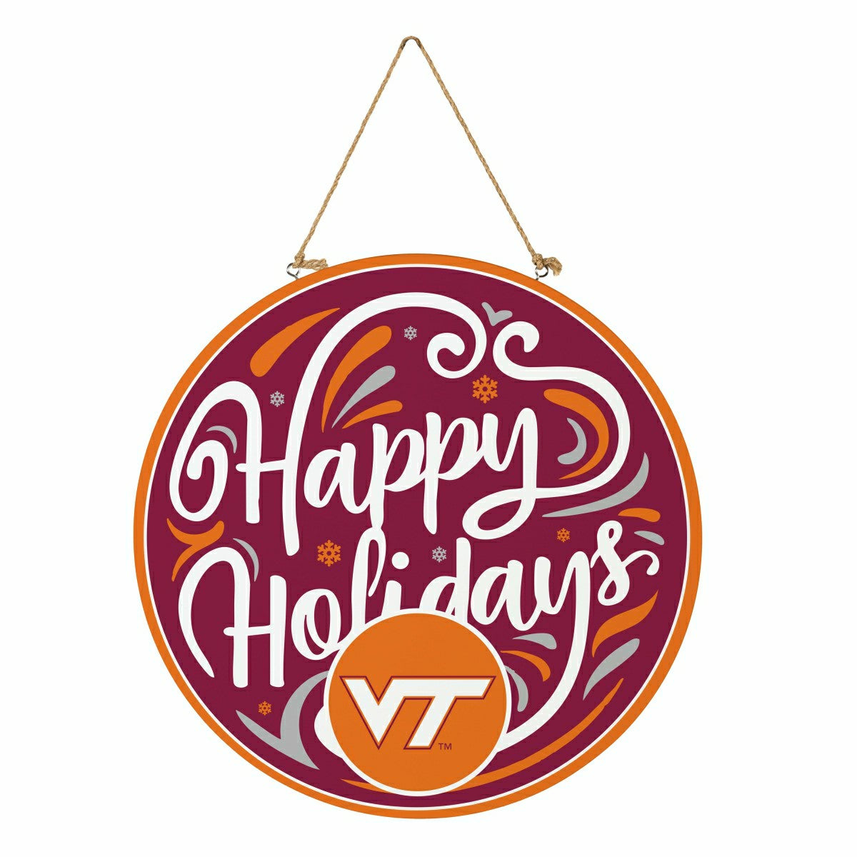 Virginia Tech Holiday Round Door Décor with Hanging Rope, 18x18, Collegiate, Home