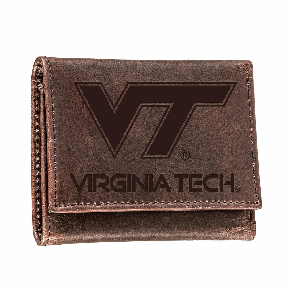 Virginia Tech, Tri-Fold Wallet, Brown, CH, 100% Genuine Leather, Collegiate, Home