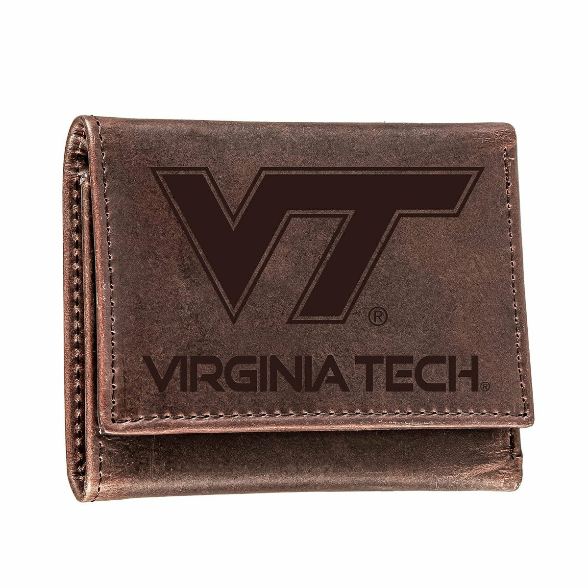 Virginia Tech, Tri-Fold Wallet, Brown, CH, 100% Genuine Leather, Collegiate, Home
