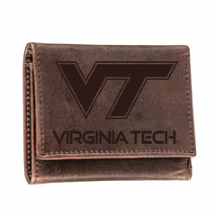 Virginia Tech, Tri-Fold Wallet, Brown, CH, 100% Genuine Leather, Collegiate, Home
