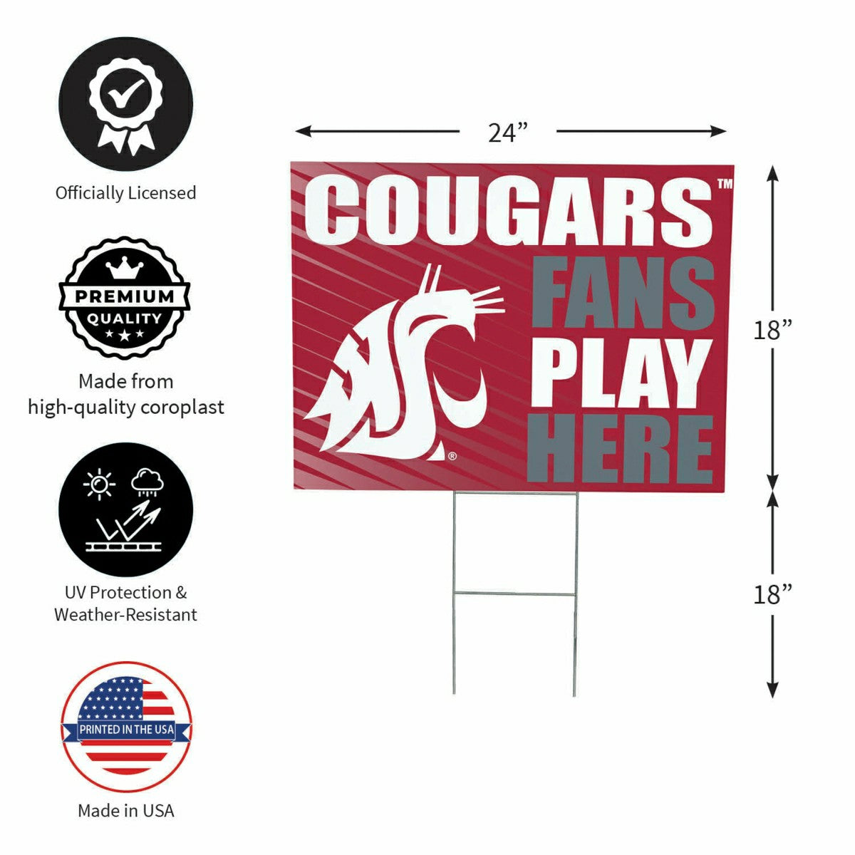 Washington State University Coroplast Yard Sign "Fans Play Here", Collegiate, Home