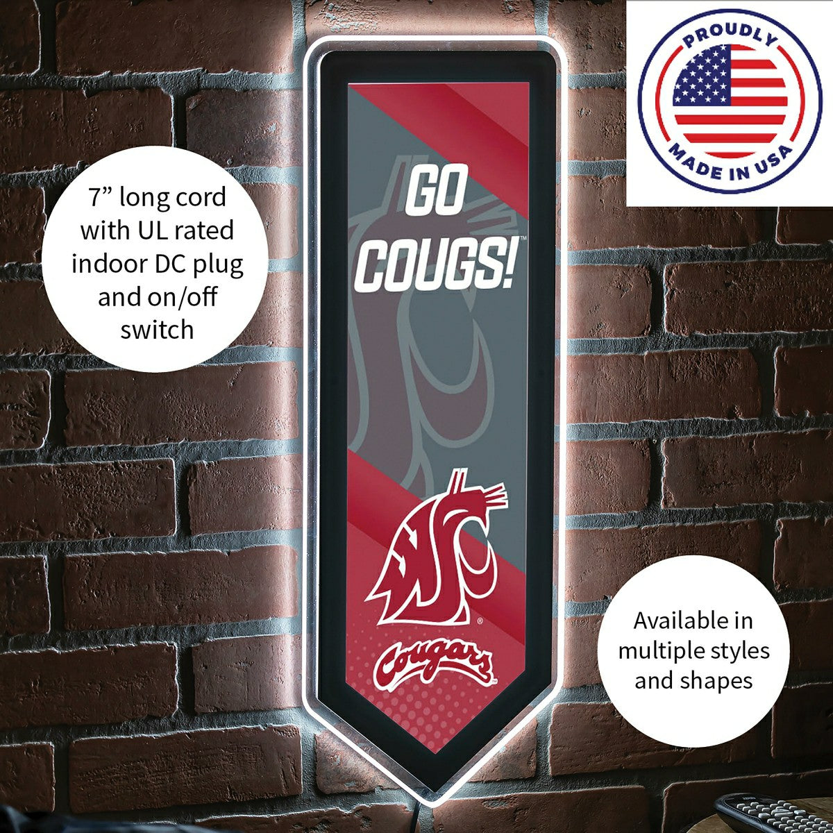 LED Wall Decor, Pennant, Washington State University, Collegiate, Home
