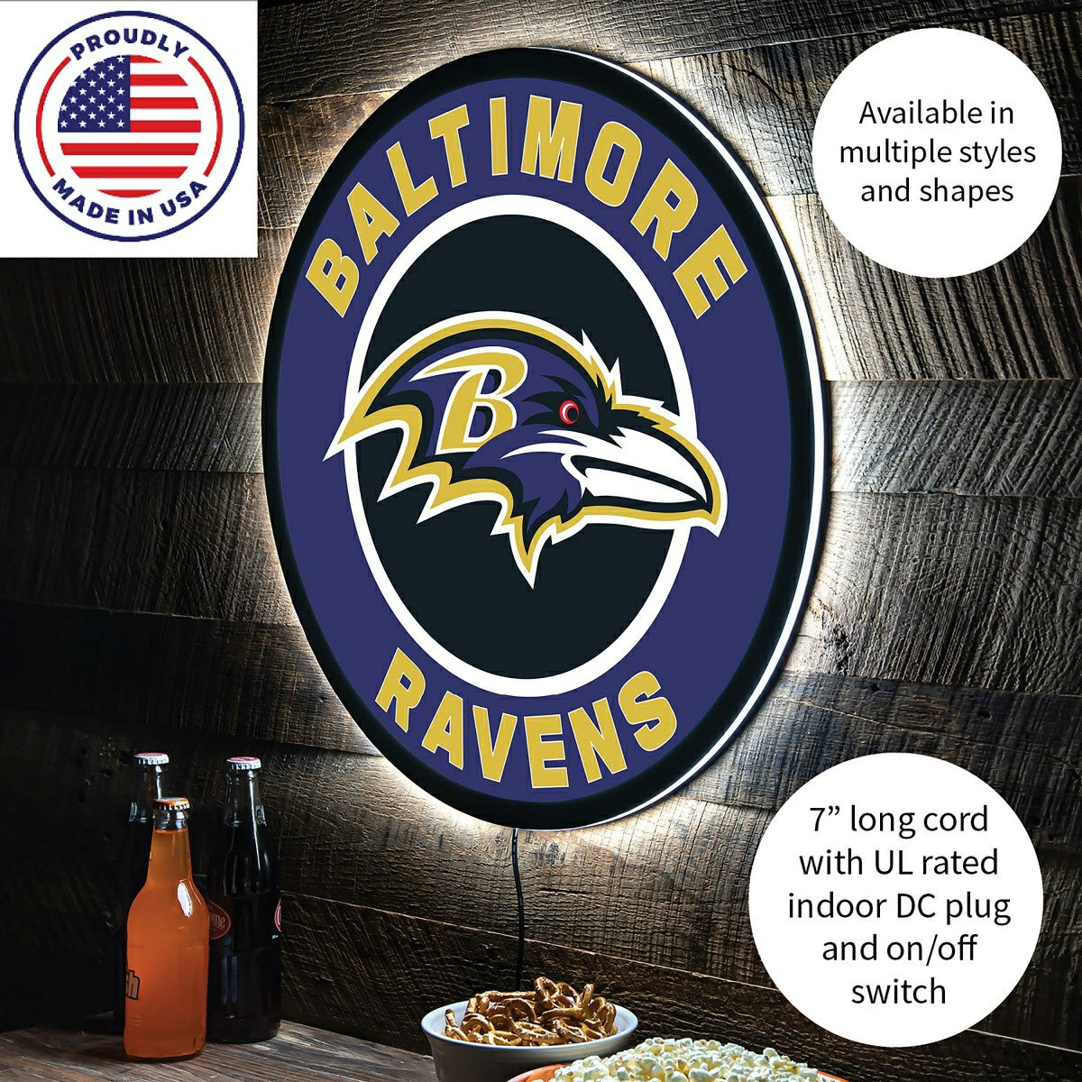 LED Wall Decor, Round, Baltimore Ravens, NFL, Home