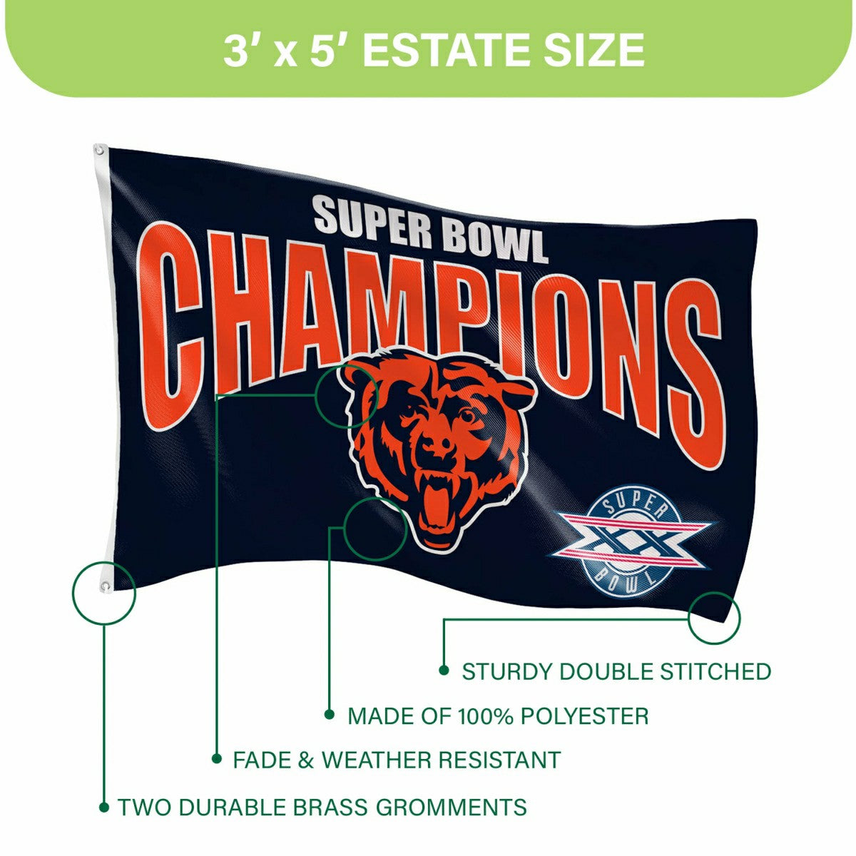 Chicago Bears Superbowl XX Champions Football 3x5 Flag, NFL, Home