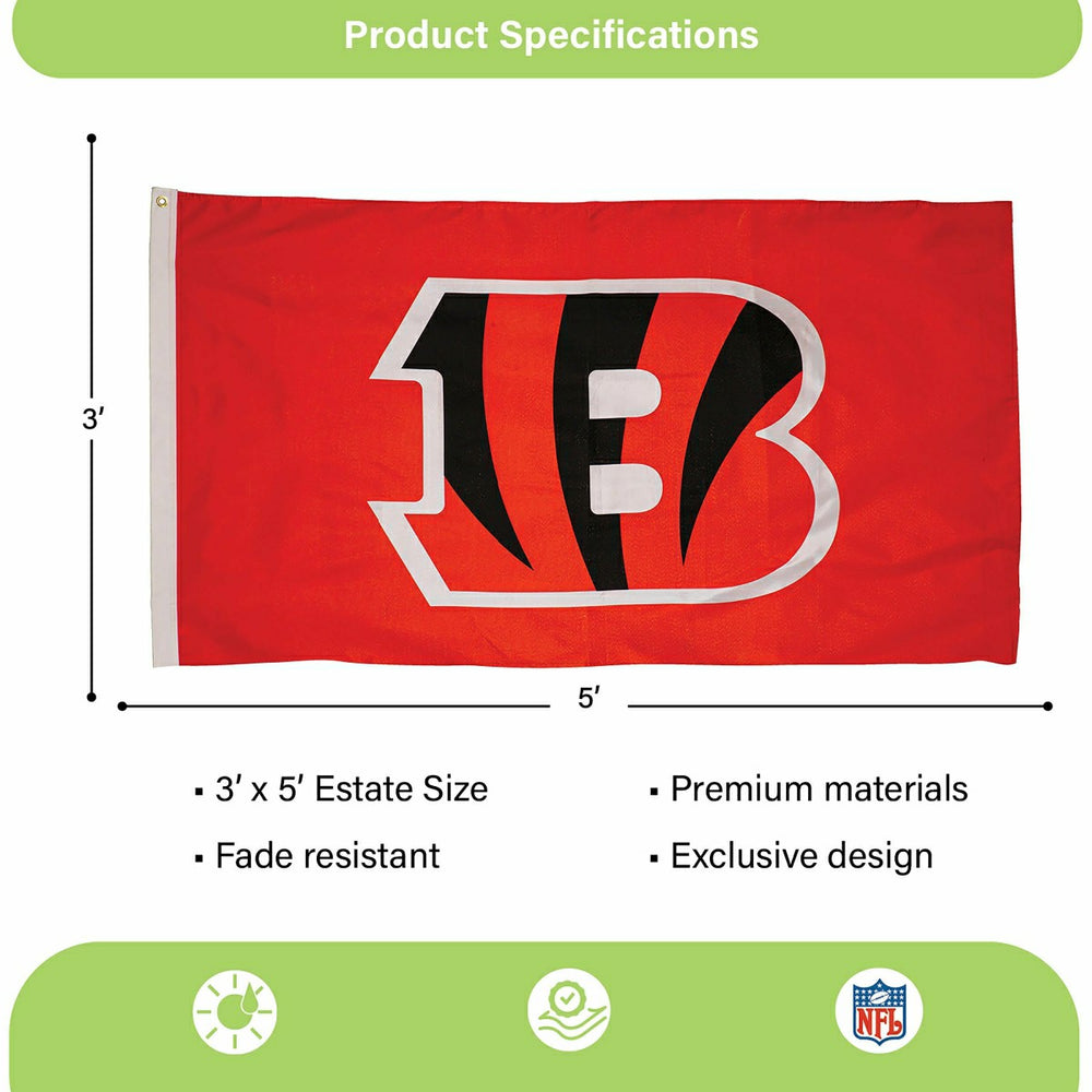 Cincinnati Bengals Single Sided Flag with 2 Grommets, 3'x5', NFL, Home