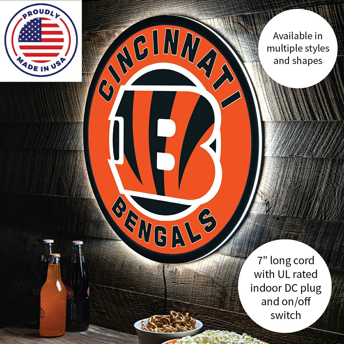 LED Wall Decor, Round, Cincinnati Bengals, NFL, Home