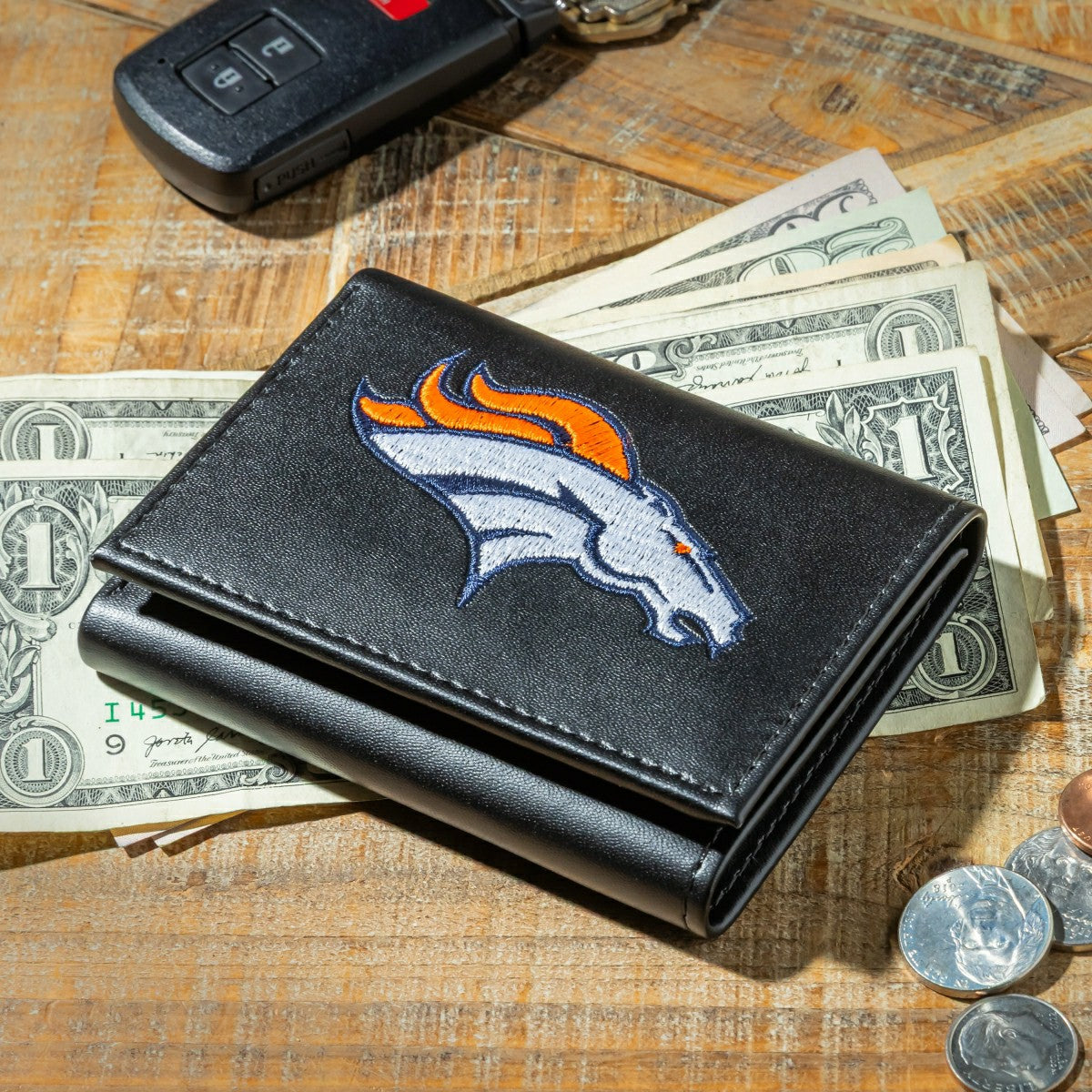 Denver Broncos Black Tri-Fold Embroidered Wallet w/ RFID Blocking, NFL, Home