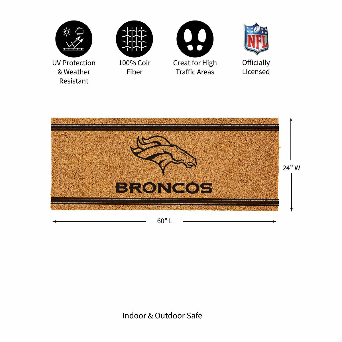 Denver Broncos Extra Large One Color Coir Mat, 60"x24", NFL