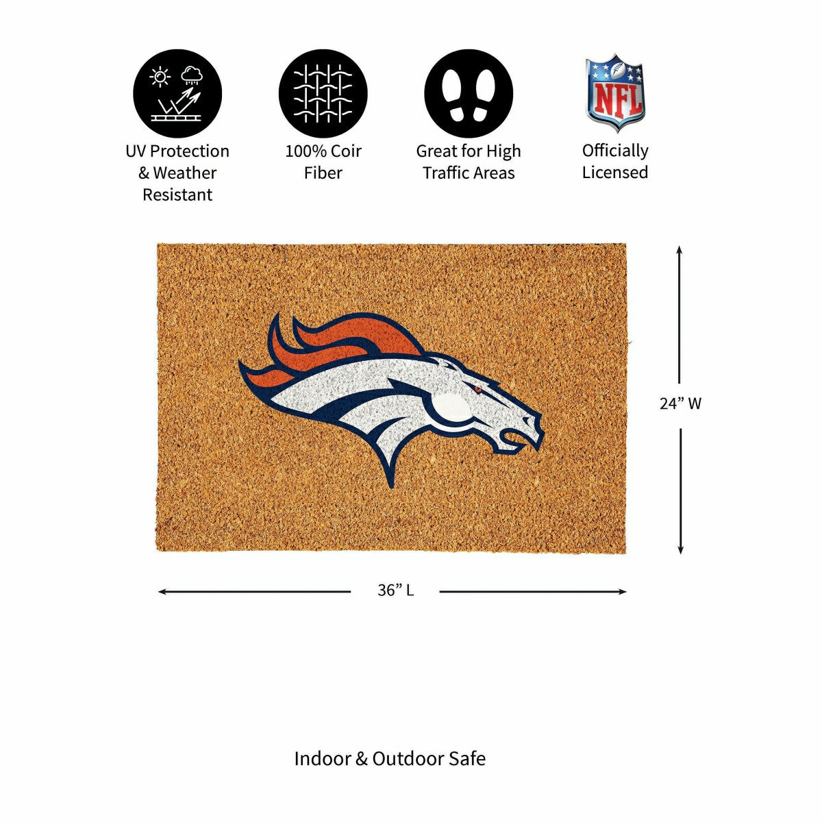 Denver Broncos Large Full Color Coir Mat, 36"x24", NFL