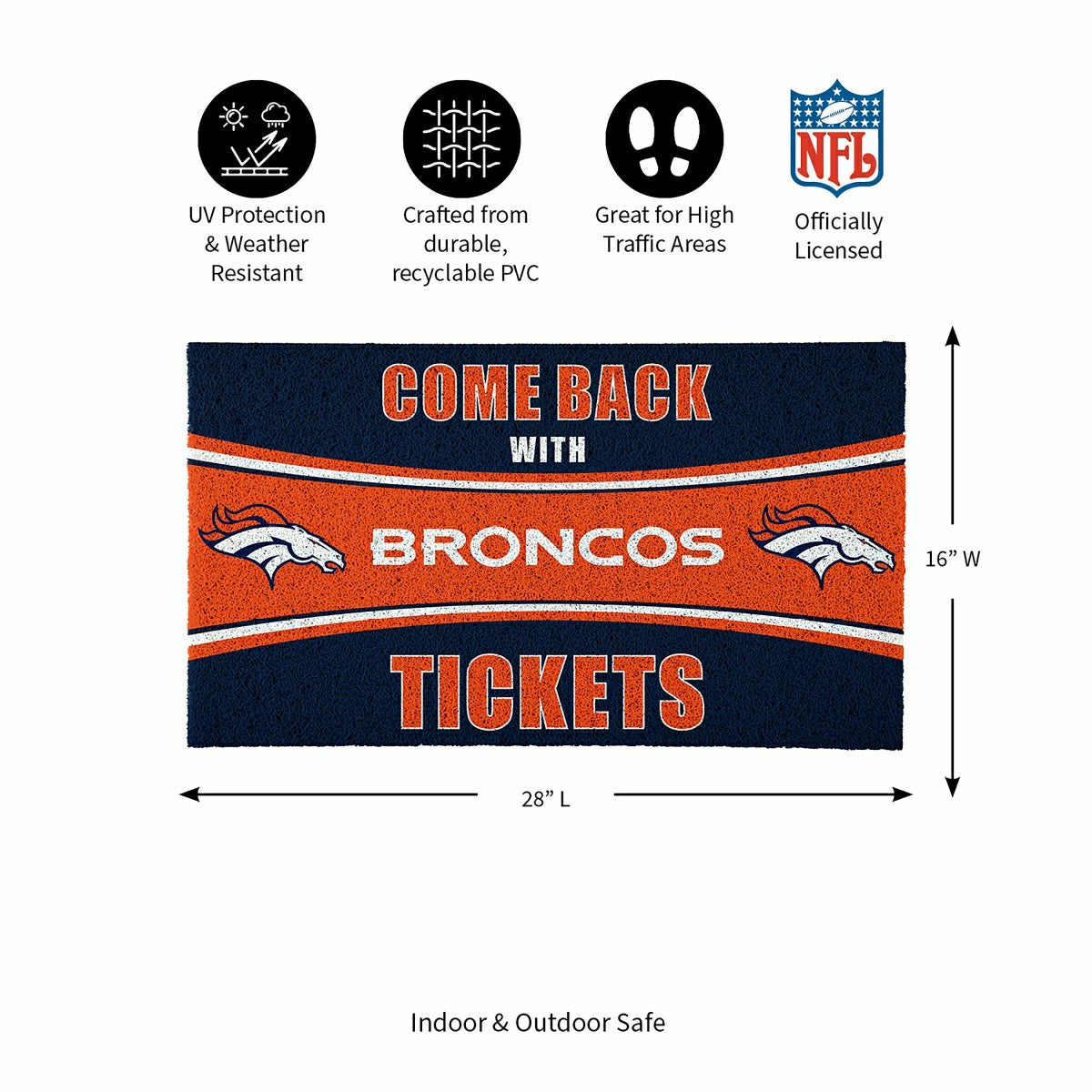 28" x 16" PVC Trapper Mat, Come Back with Tickets, Denver Broncos, NFL