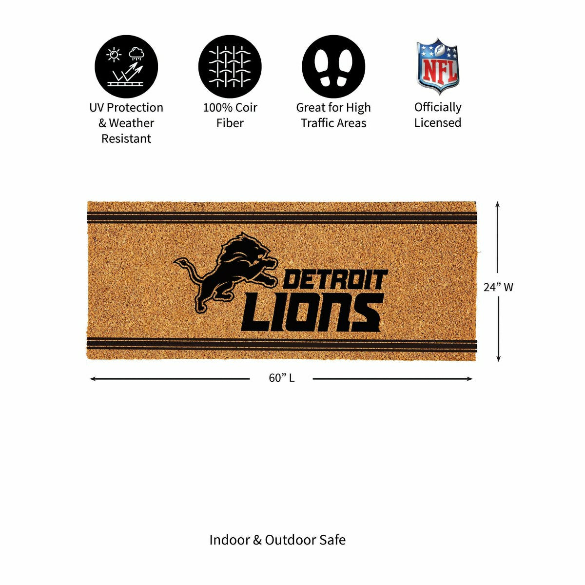 Detroit Lions Extra Large One Color Coir Mat, 60"x24", NFL