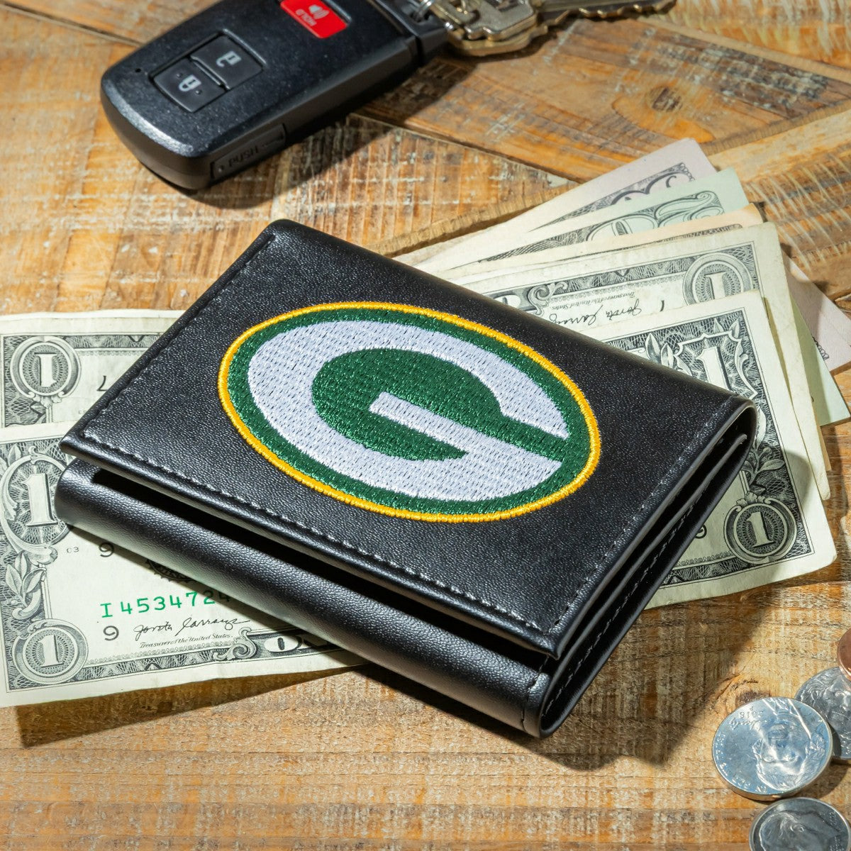 Green Bay Packers Black Tri-Fold Embroidered Wallet w/ RFID Blocking, NFL, Home