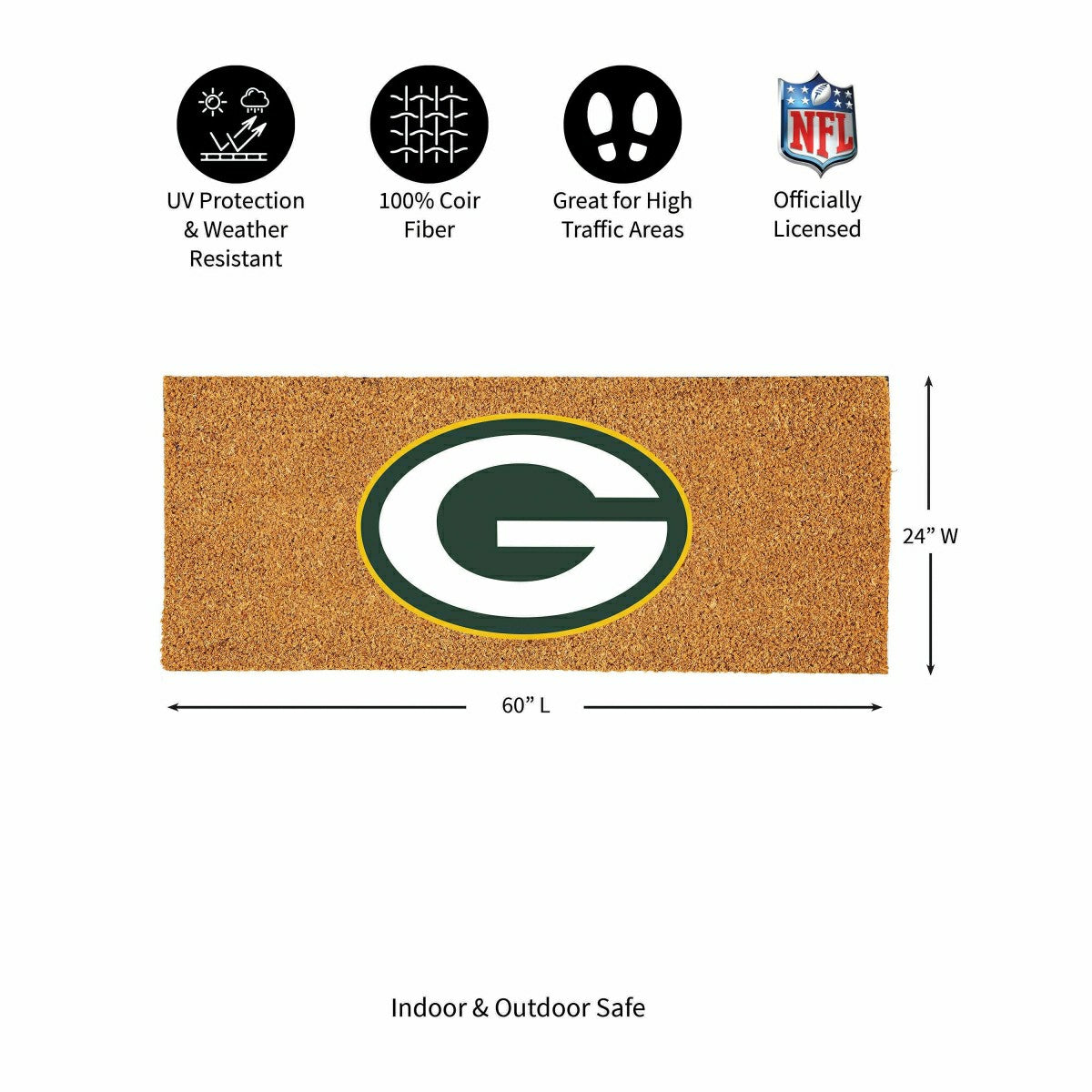Green Bay Packers Extra Large Full Color Coir Mat, 60"x24", NFL