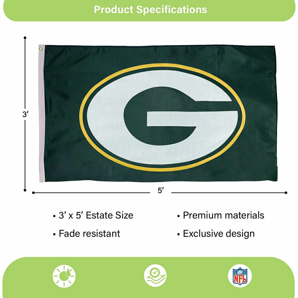 Green Bay Packers Single Sided Estate Flag with 2 Grommets, 3'x5', NFL, Home
