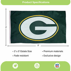 Green Bay Packers Single Sided Estate Flag with 2 Grommets, 3'x5', NFL, Home