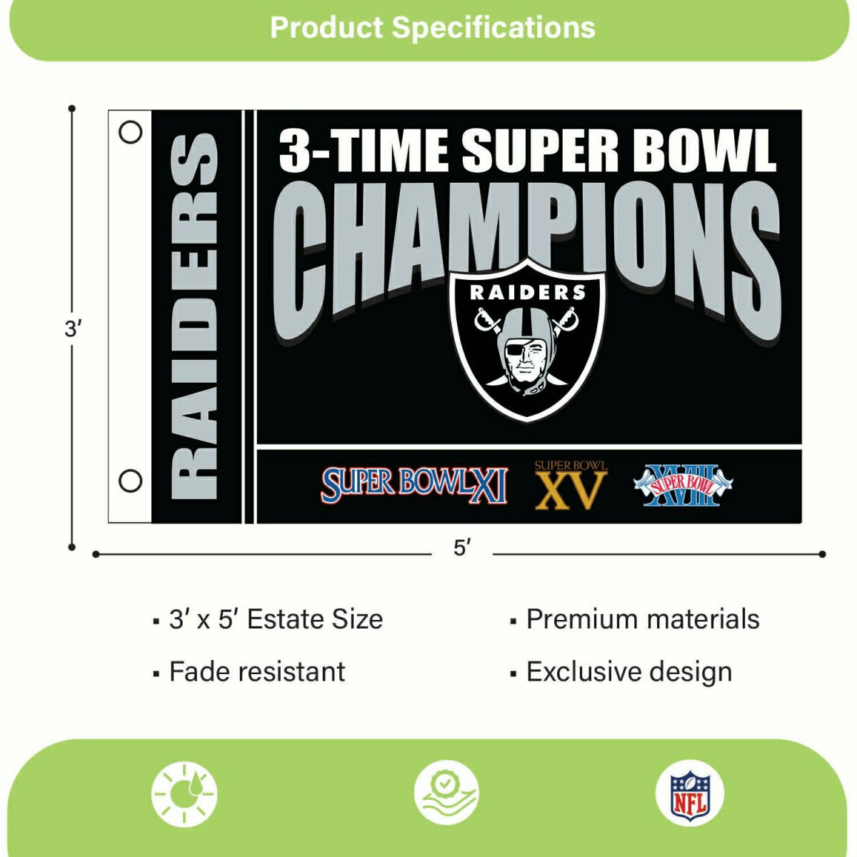 Las Vegas Raiders Multi-Win Superbowl Champions Football 3x5 Flag, NFL, Home