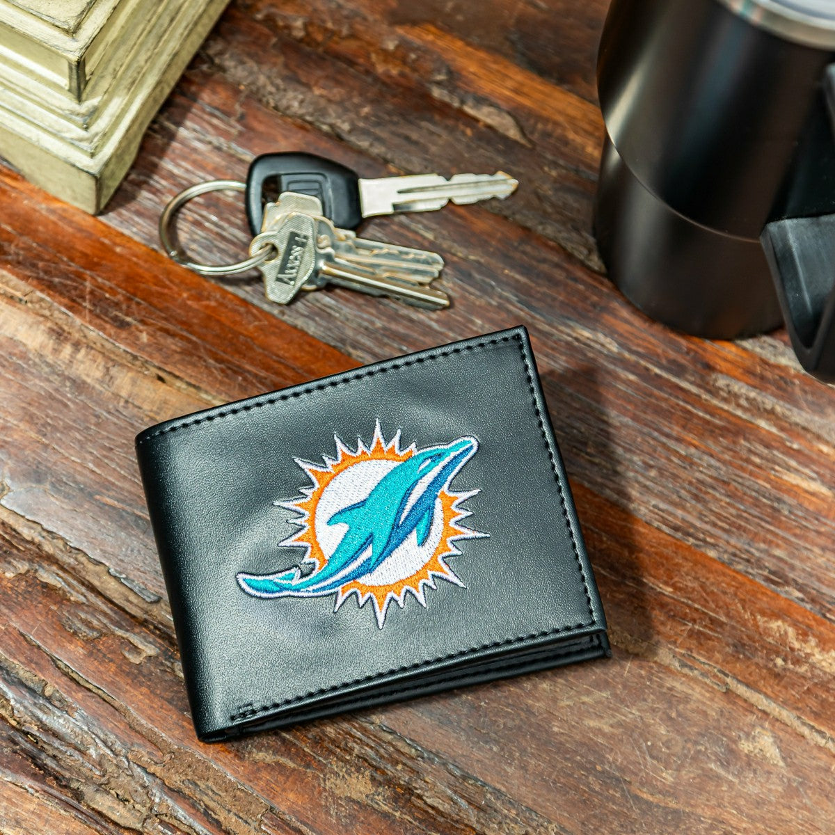 Miami Dolphins Black Bi-Fold Embroidered Wallet w/ RFID Blocking, NFL, Home