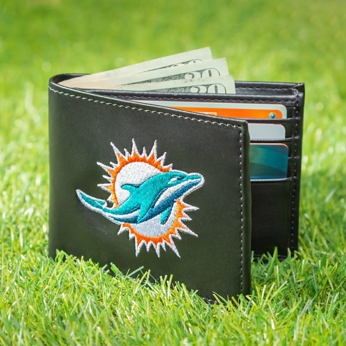 Miami Dolphins Black Bi-Fold Embroidered Wallet w/ RFID Blocking, NFL, Home