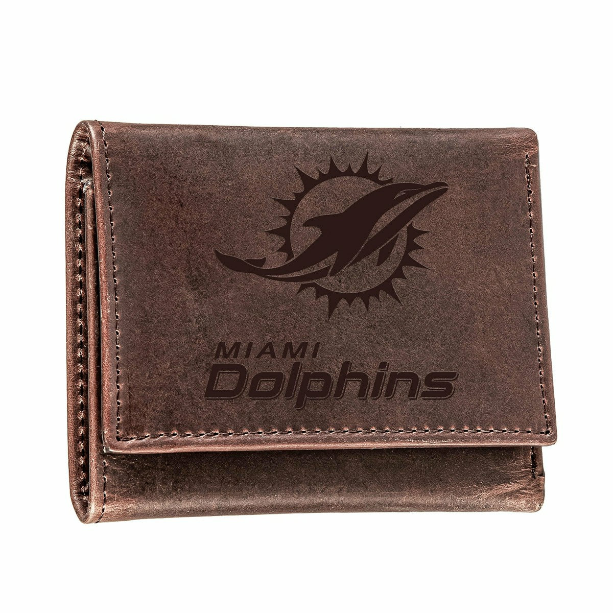 Miami Dolphins, Tri-Fold Wallet, Brown, CH, 100% Genuine Leather, NFL, Home