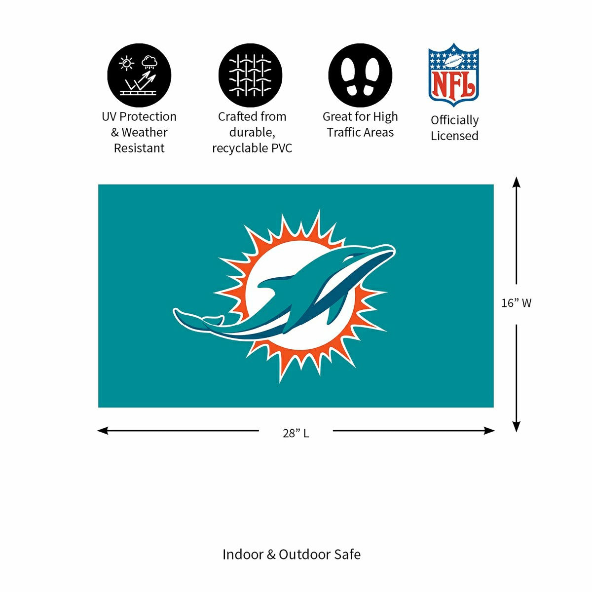 Full Color PVC Mat, 16" x 28", Miami Dolphins, NFL