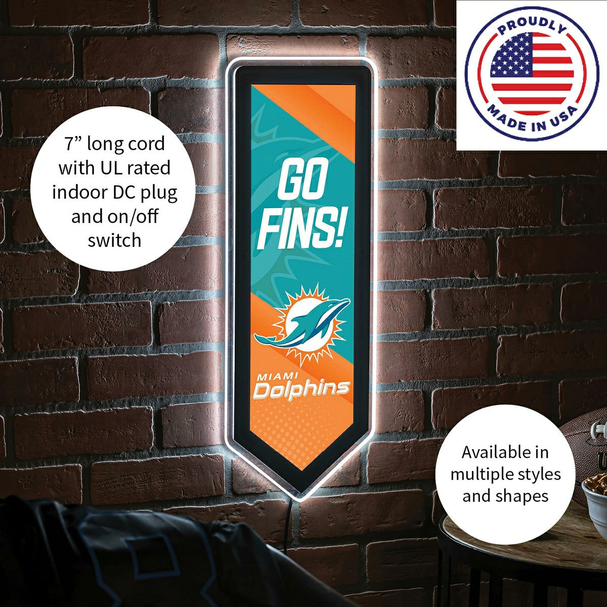 LED Wall Decor, Pennant, Miami Dolphins, NFL, Home
