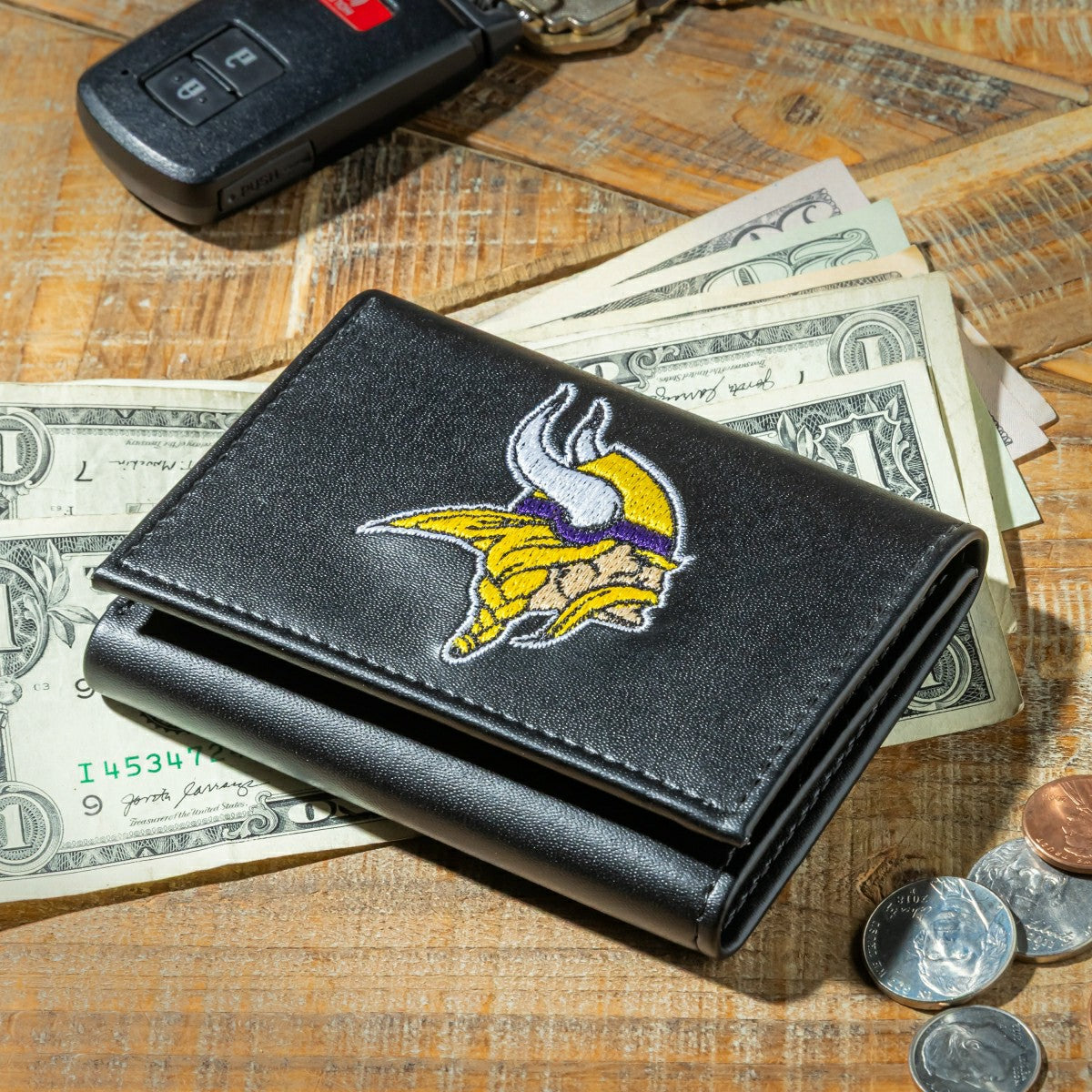 Minnesota Vikings Black Tri-Fold Embroidered Wallet w/ RFID Blocking, NFL, Home