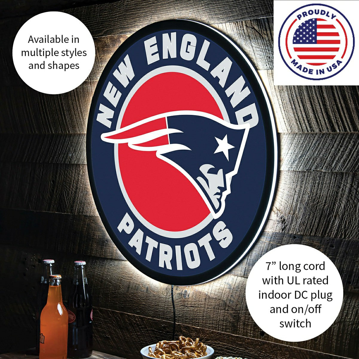 LED Wall Decor, Round, New England Patriots, NFL, Home