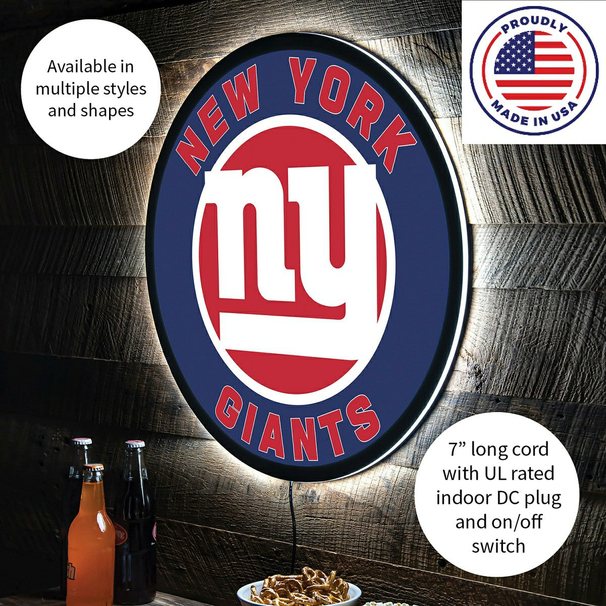 LED Wall Decor, Round, New York Giants, NFL, Home