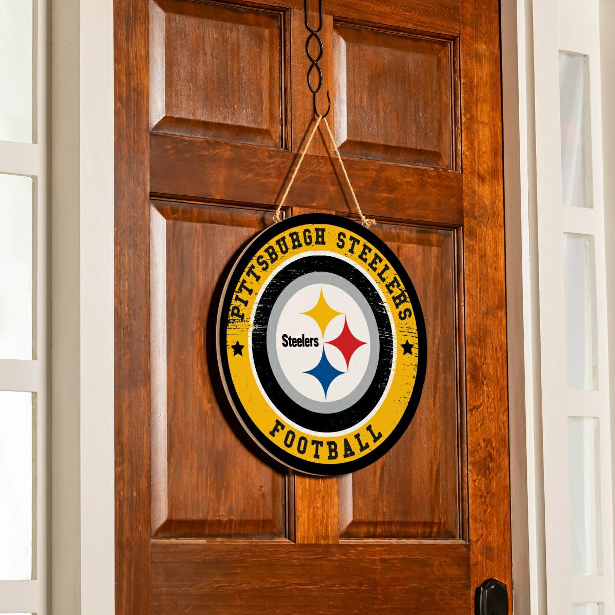 Pittsburgh Steelers Round Door Décor with Hanging Rope, 18x18, NFL, Home