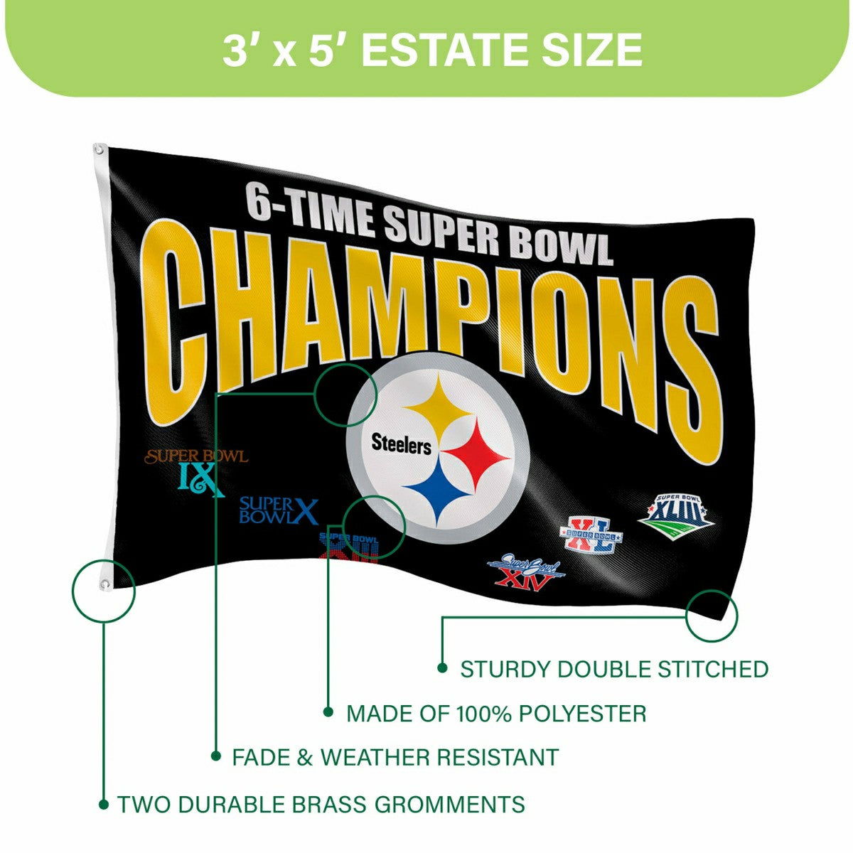 Pittsburgh Steelers 6X Superbowl Champions Football 3x5 Flag, NFL, Home