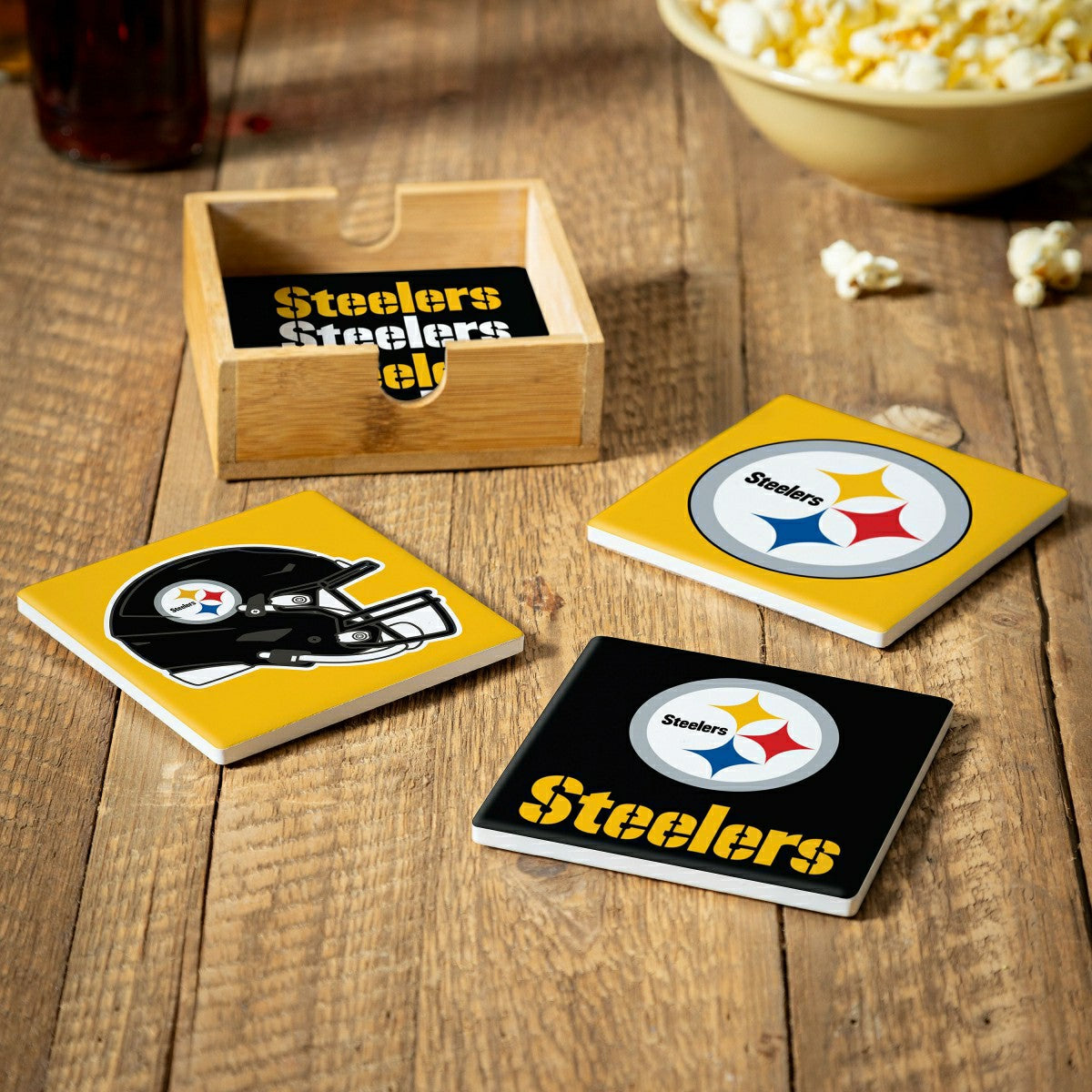 Pittsburgh Steelers Ceramic Coasters Set, 4pcs with Wood Caddy, NFL