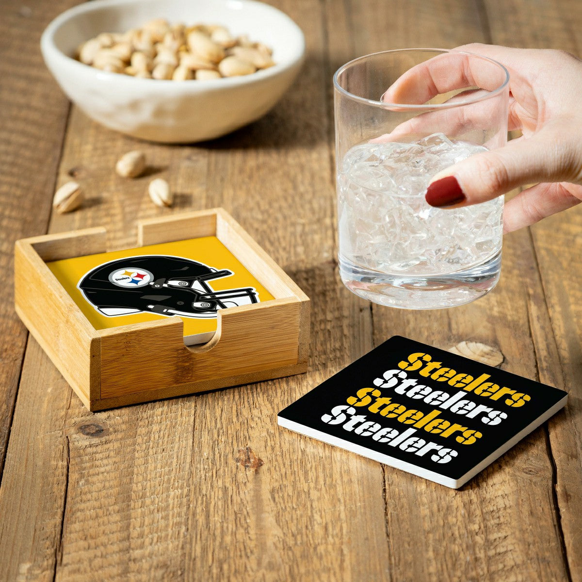 Pittsburgh Steelers Ceramic Coasters Set, 4pcs with Wood Caddy, NFL