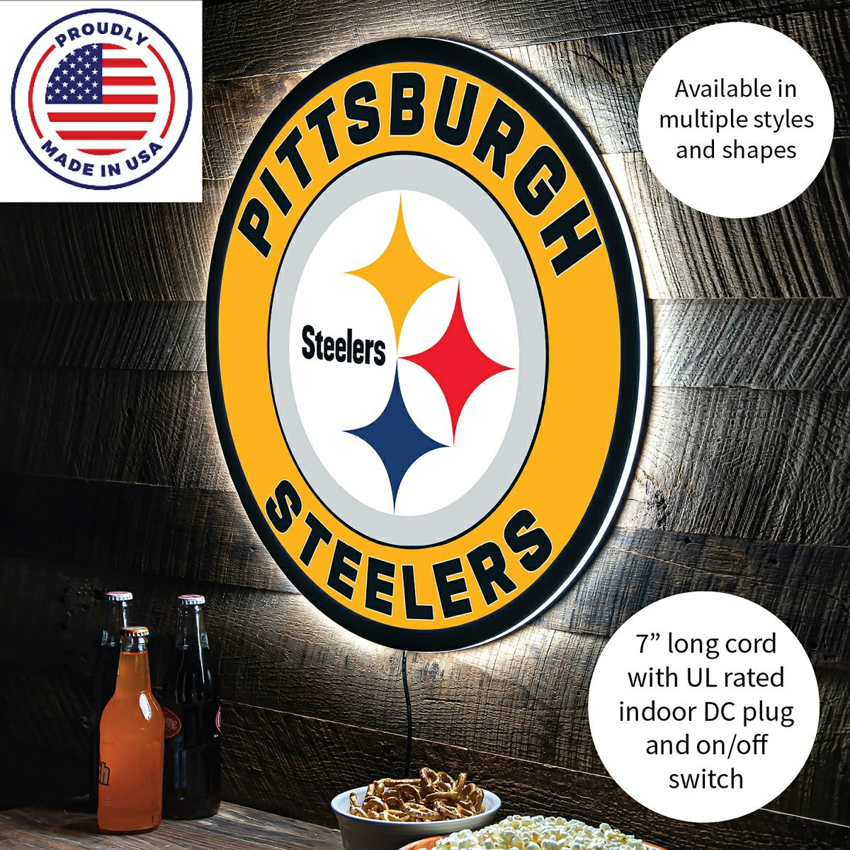 LED Wall Decor, Round, Pittsburgh Steelers, NFL, Home