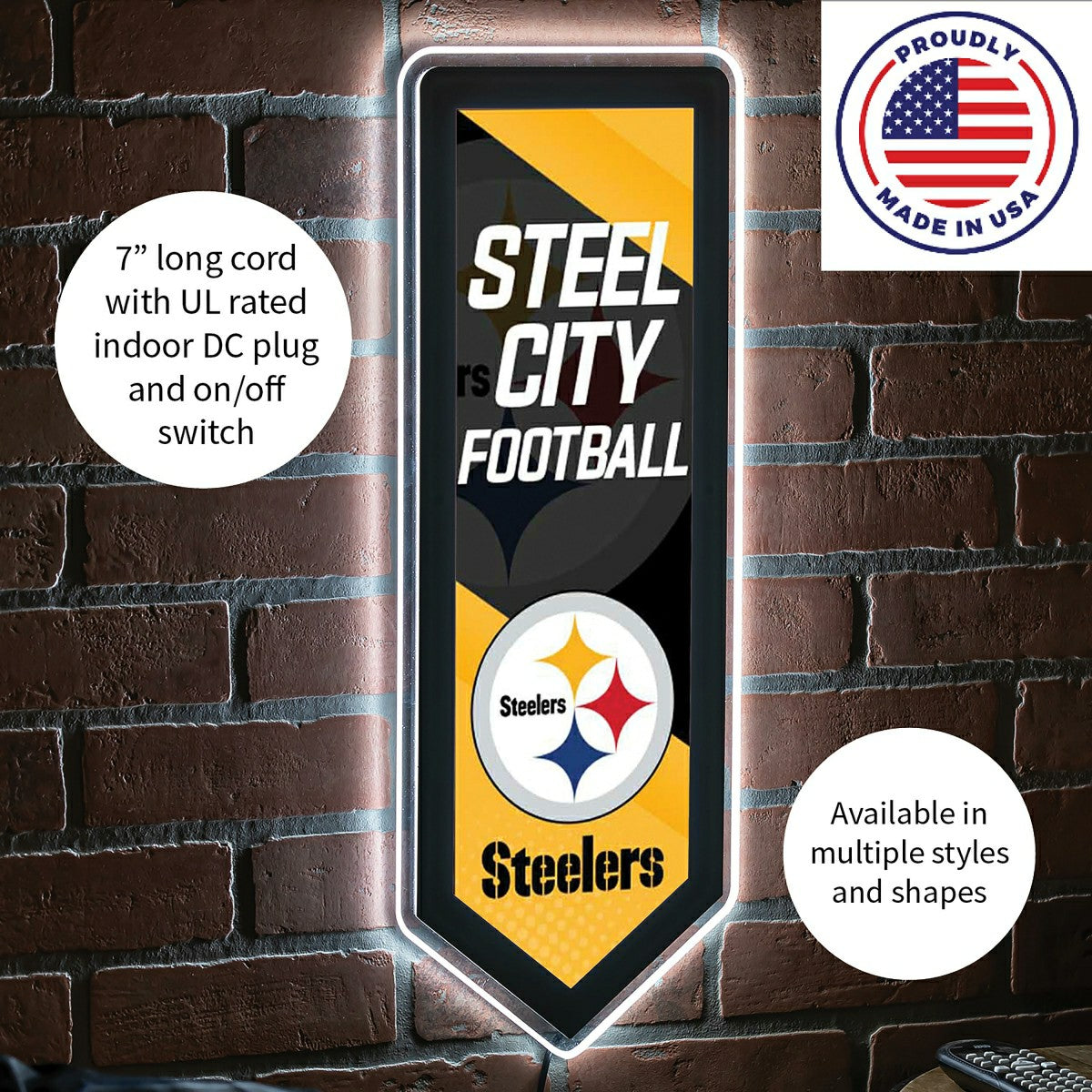 LED Wall Decor, Pennant, Pittsburgh Steelers, NFL, Home