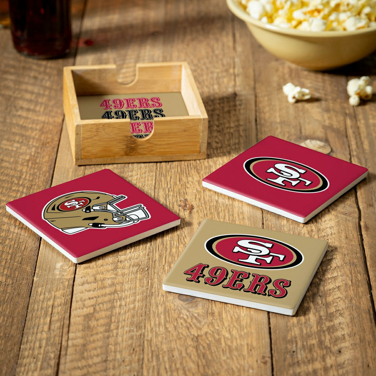 San Francisco 49ers Ceramic Coasters Set, 4pcs with Wood Caddy, NFL
