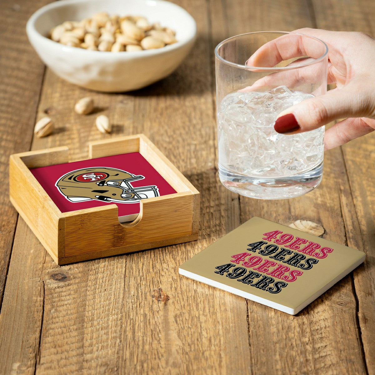 San Francisco 49ers Ceramic Coasters Set, 4pcs with Wood Caddy, NFL
