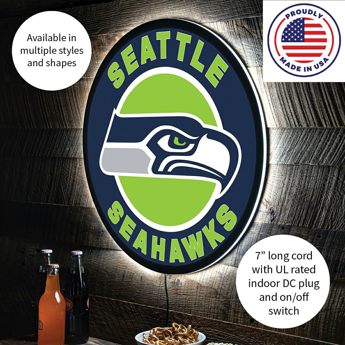 LED Wall Decor, Round, Seattle Seahawks, NFL, Home