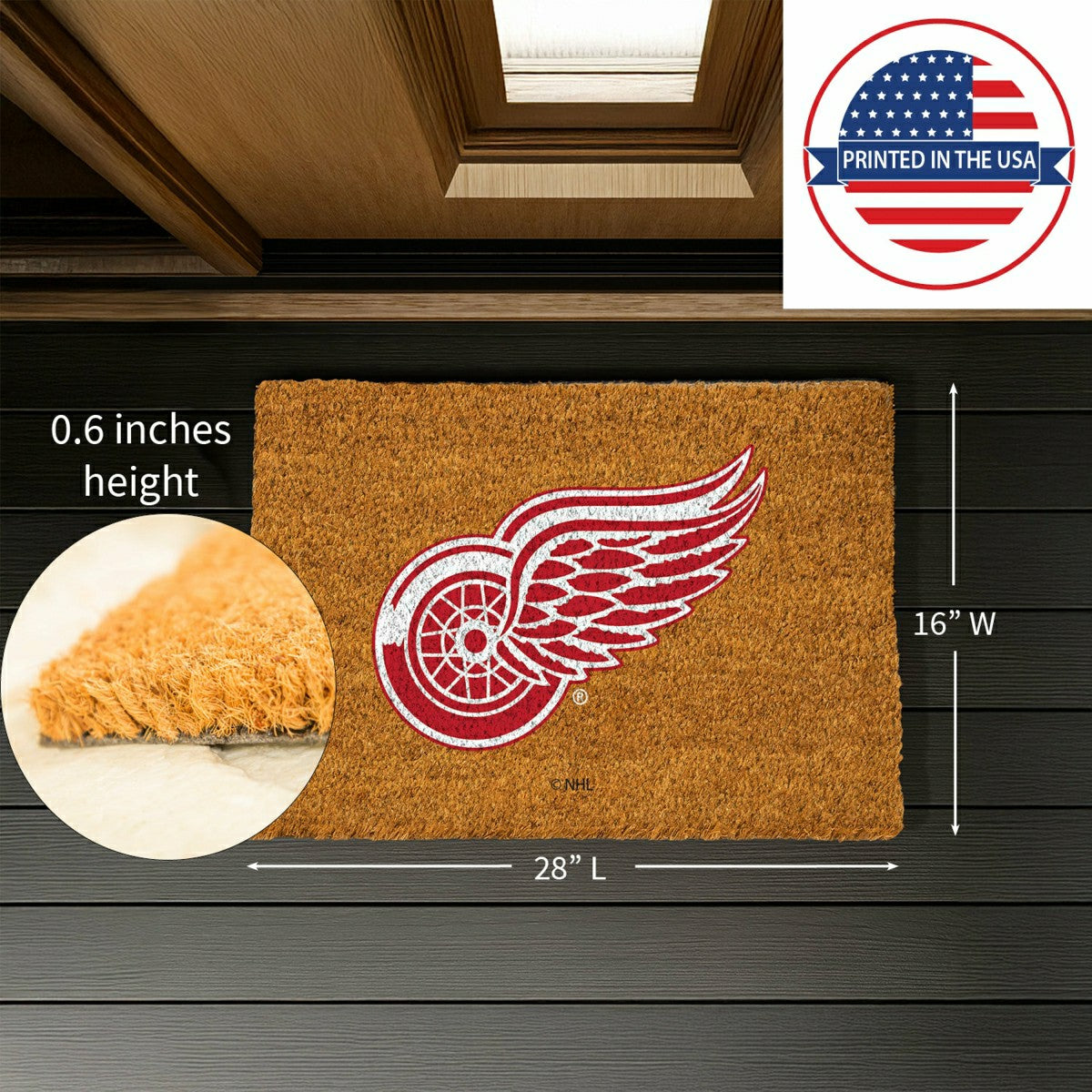 Coir Mat, 16"x28", Detroit Red Wings, NHL