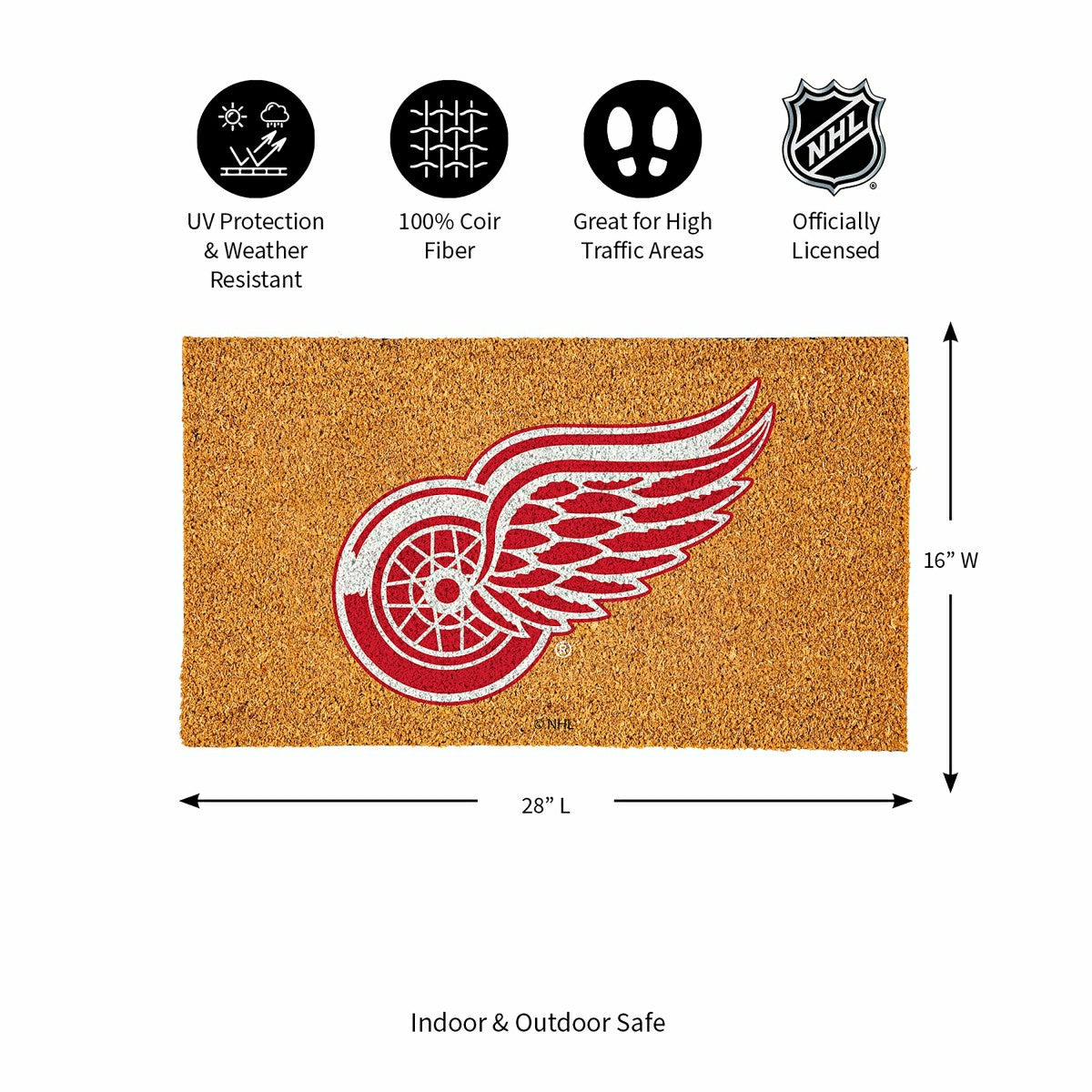 Coir Mat, 16"x28", Detroit Red Wings, NHL
