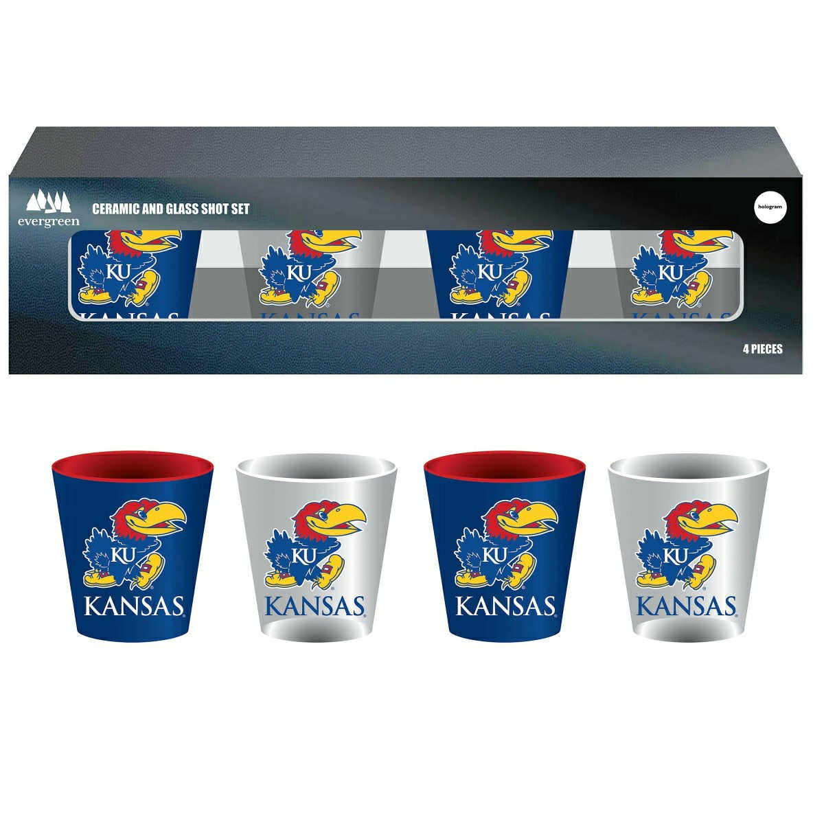 University of Kansas 4-Piece Ceramic and Glass 2oz. Shot Glass Set, Home, Collegiate