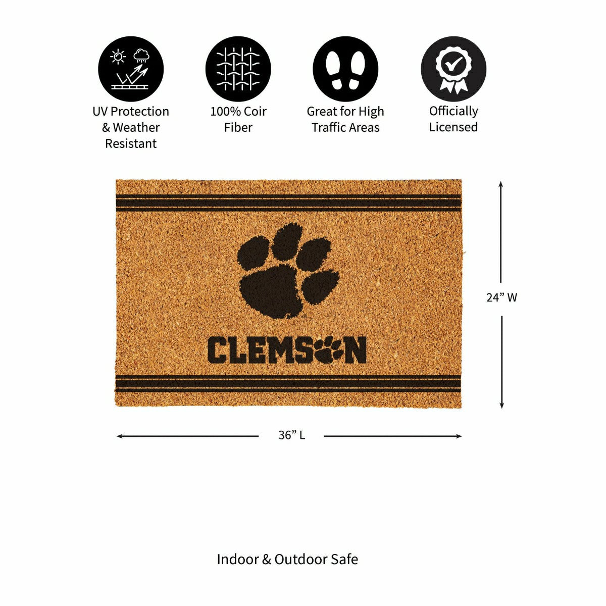 Clemson University Large One Color Coir Mat, 36"x24", Collegiate