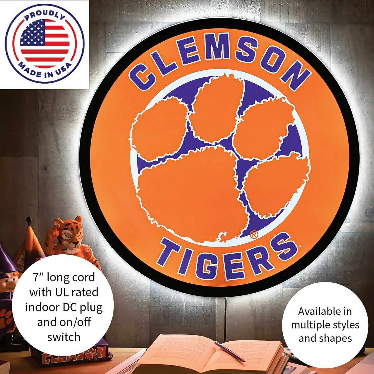 LED Wall Decor, Round, Clemson University, Collegiate, Home