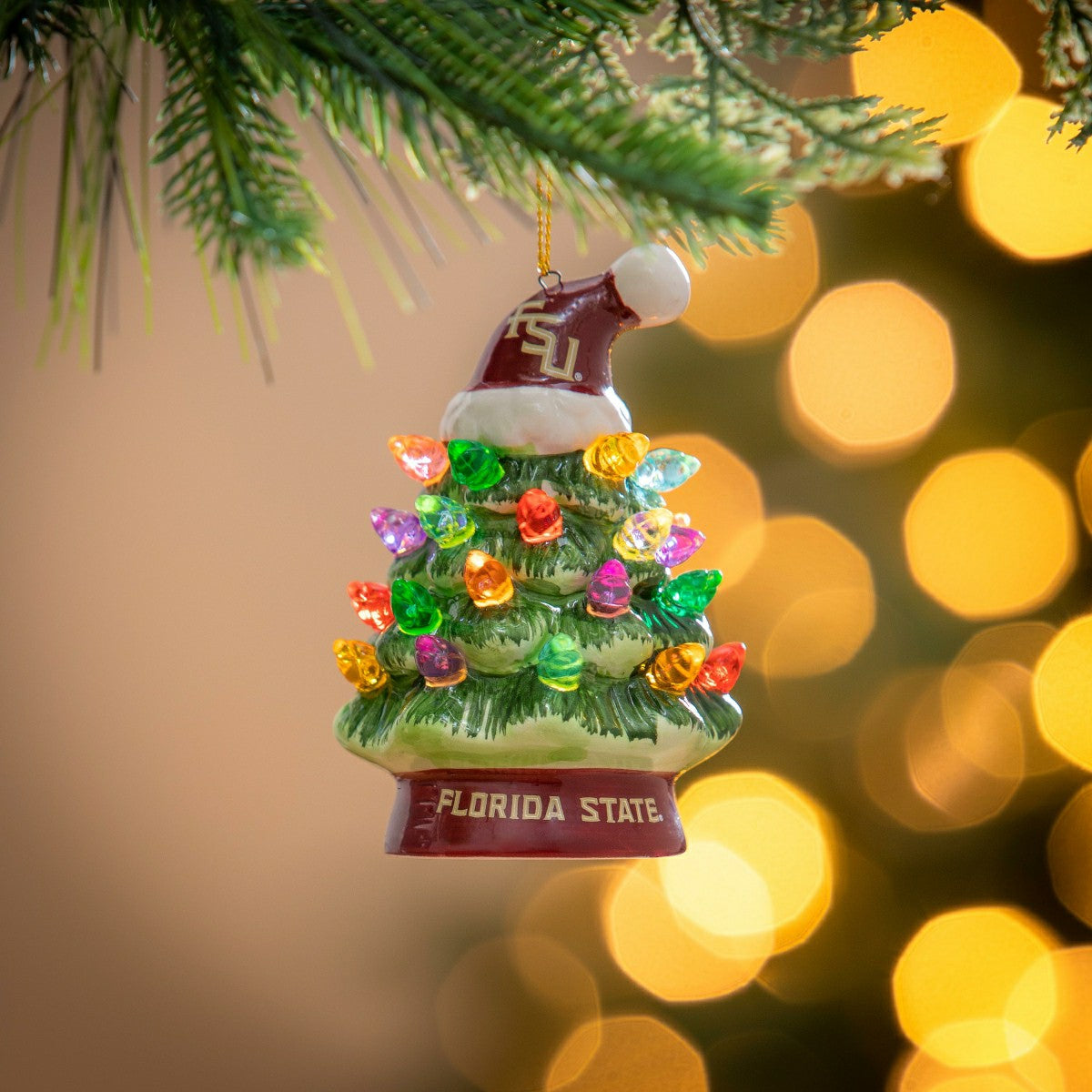 4" LED Ceramic Christmas Tree Ornament with Team Santa Hat, Florida St, Collegiate, Home